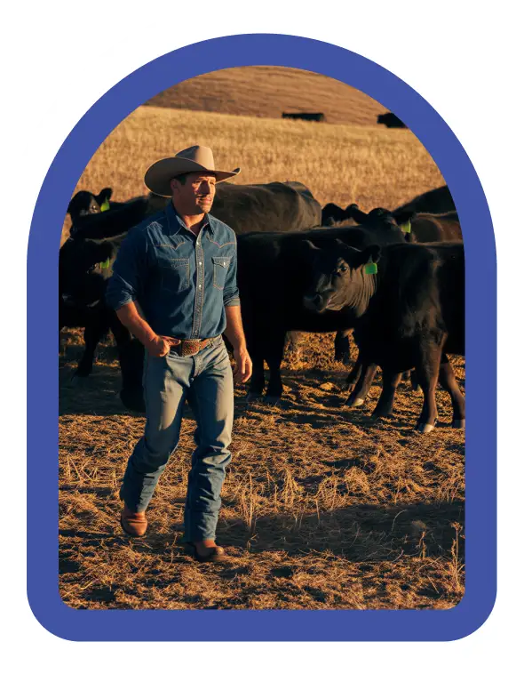 Rancher walking among Angus cattle